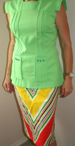Vintage green business casual with V-striped skirt. Vintage green business casual with V-striped skirt. You'll be the hit of the office in this outfit!
